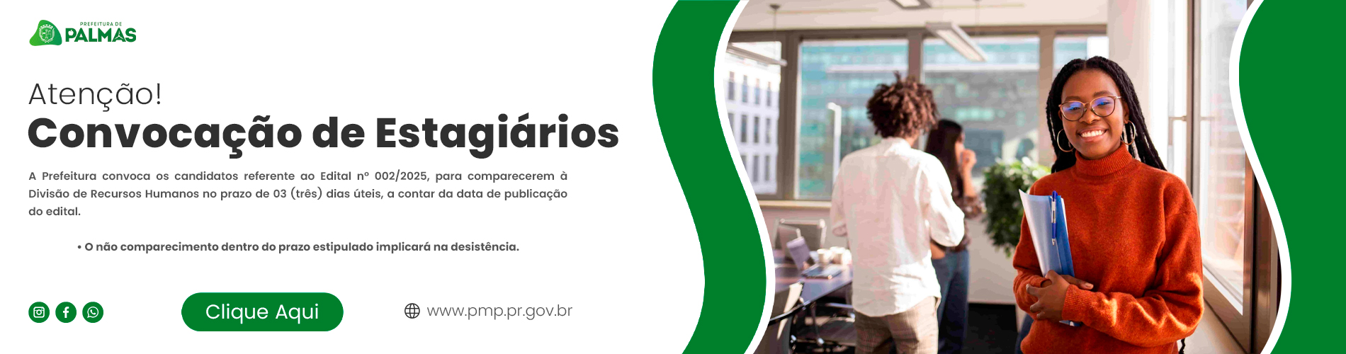 Prefeitura de Palmas divulga edital de convocação de estagiários